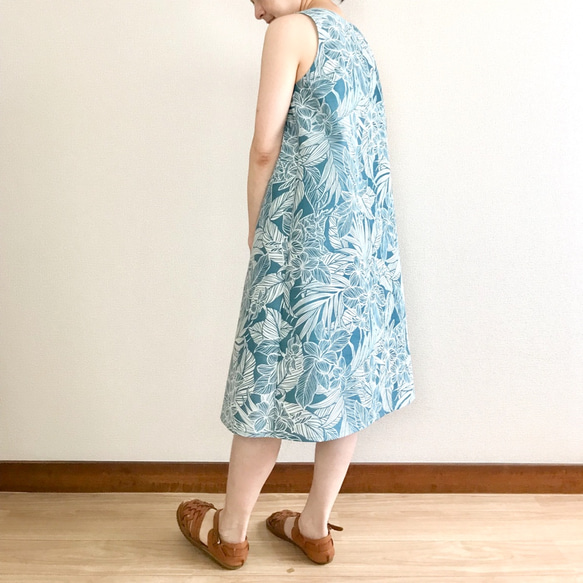 Plumeria 喇叭形連衣裙 [S ~ 3L] Teal x Light blue 第12張的照片