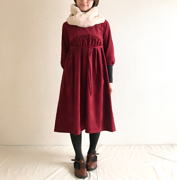 バックギャザー　ワンピース　コーデュロイ ギャザー ワンピース コーデュロイ 1 ボルドー＊コーデュロイの