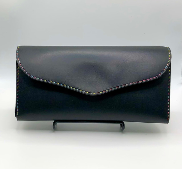 【フルオーダー】ギャルソンウォレット 財布　革 手縫い イタリアンレザー　黒色　長財布 2枚目の画像