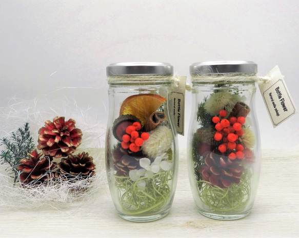 クリスマス限定」2本set 木の実とお花のボトルフラワー プリザーブド 