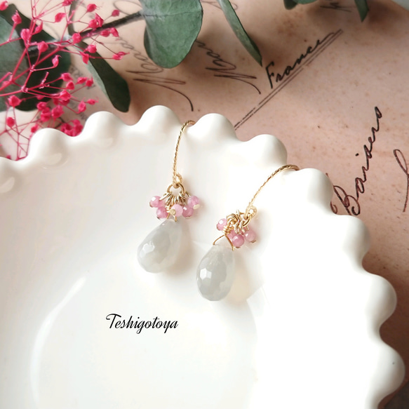 14kgfグレームーンストーンとピンクトルマリンピアス ピアス（フック