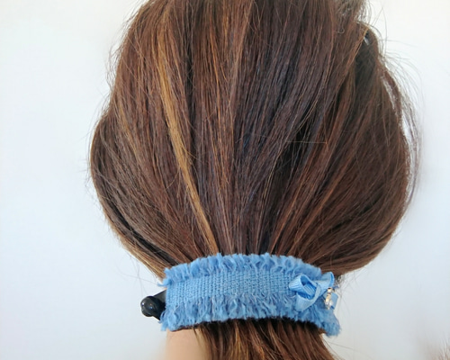 デニム風リボンヘアゴム＆ヘアクリップ　親子おそろい♡ デニムスリムストライプリボンのキッズヘアゴム ヘアアクセサリー 大人