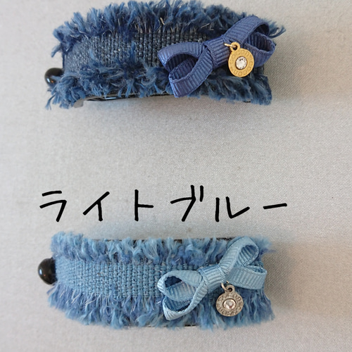 デニム風リボンヘアゴム＆ヘアクリップ　親子おそろい♡ デニムストライプリボン(大)のベビークリップ滑り止め ヘア