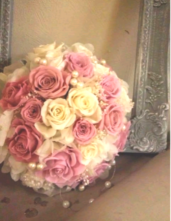 ウェディングブーケ☆ピンクプリザーブドフラワーラウンドとブトニアセット