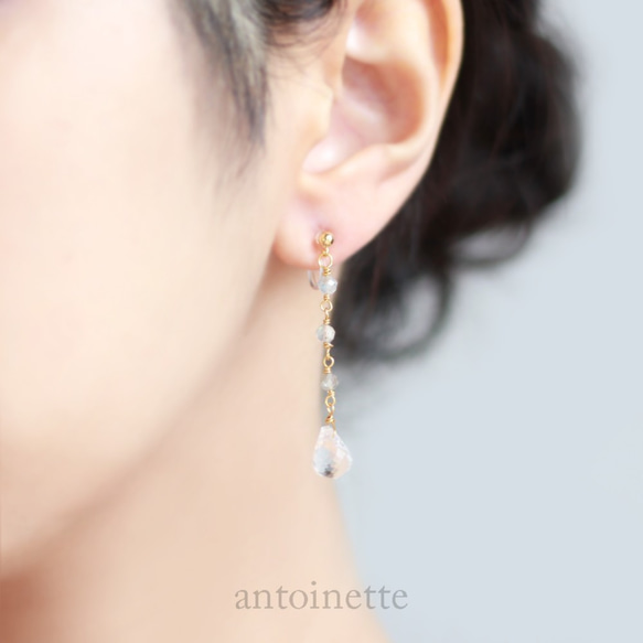 【14kgf】拉長石和水晶石英吊式耳環 第1張的照片