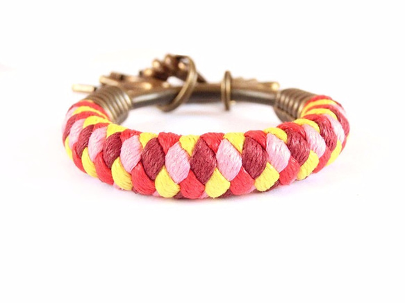 [ナUNA-優れたハンドメイド]キーリング（小）5.3CMバーガンディ+ピンク+鮮やかな赤+黄色+ウィニー手織りワックスロープ、 5枚目の画像