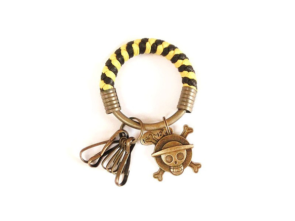 【UNA-優娜手作】 鑰匙圈(小)5.3CM 亮黃＋黑+海賊王標誌 手工 編織 腊繩 鐵環 客製化 第1張的照片