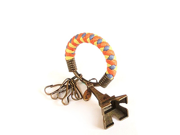 【UNA-優娜手作】 鑰匙圈(小)5.3CM 橘色＋亮黃+藍紫+立體艾菲爾鐵塔 手工 編織 腊繩 鐵環 客製化 第3張的照片