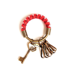 【UNA-優娜手作】 鑰匙圈(小)5.3CM 紅色＋粉紅＋酒紅＋雙愛心鑰匙 手工 編織 腊繩 鐵環 客製化 第1張的照片