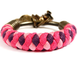 【UNA-優娜手作】 鑰匙圈(小)5.3CM 桃紅+粉紅＋紫＋復古鳥籠 手工 編織 腊繩 鐵環 客製化 第3張的照片