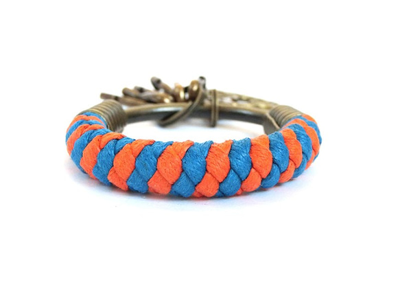 【UNA-優娜手作】 鑰匙圈(小)5.3CM 橘＋亮藍＋小小木馬 手工 編織 腊繩 鐵環 客製化 第4張的照片