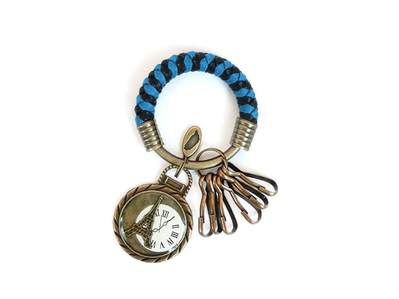 【UNA-優娜手作】 鑰匙圈(小)5.3CM 亮藍＋黑＋鐵塔羅馬數字寶石時鐘 手工 編織 腊繩 鐵環 客製化 第1張的照片