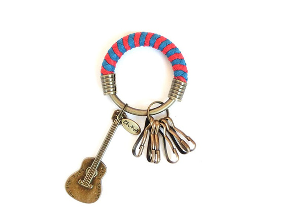 【UNA-優娜手作】 鑰匙圈(小)5.3CM  紅＋亮藍＋用生命愛吉他 手工 編織 腊繩 鐵環 客製化 第1張的照片
