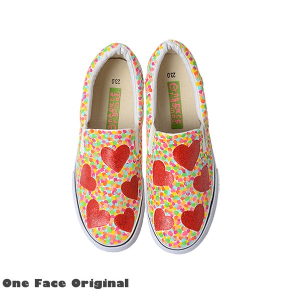 スニーカー 「ドットラブ」カラフルドットにハート柄！スリッポン レディース メンズ 2E【22-28cm】受注制作