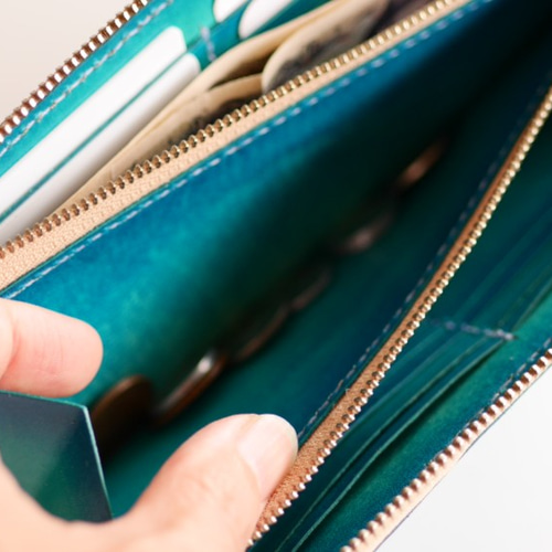 【ハンドメイド】ヌメ革　ロングウォレット　blue 楽天市場】ラウンドファスナー 藍染め 本革 札入れ 財布 長財布 牛革