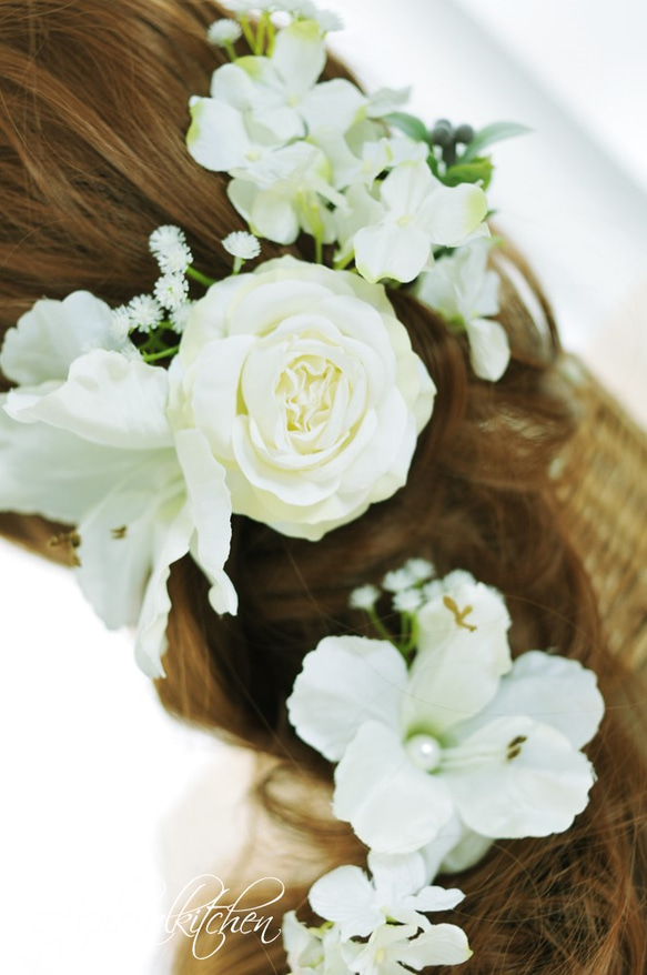 ◇純白のローズ・グラジオラス・紫陽花のヘアアクセサリーパーツ◇ 2枚目の画像