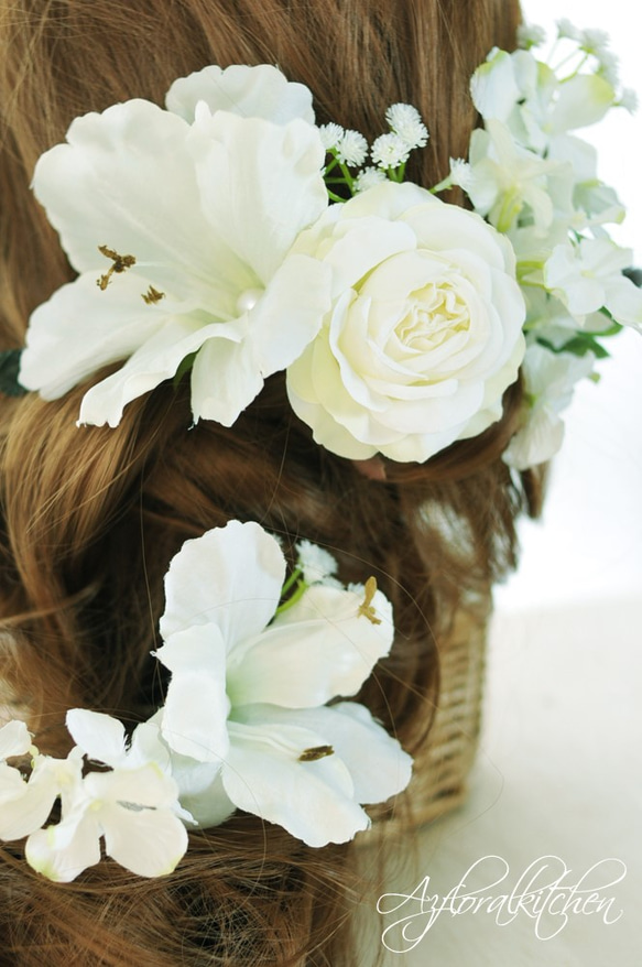 ◇純白のローズ・グラジオラス・紫陽花のヘアアクセサリーパーツ◇ 3枚目の画像