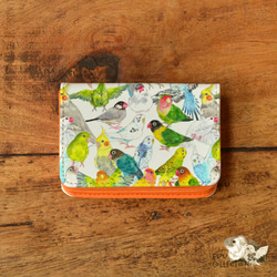 円形レザーケース 花と鳥デザイン 名入れ可 レザー 名刺入れ カードケース 革 インコ 鳥 名刺入れ