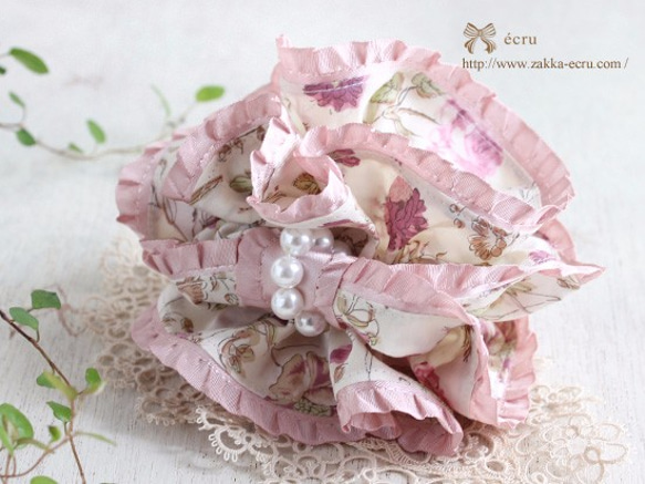 パール付 シュシュ [ フリルリボン ] ：リバティ ガーデン Garden 濃い  