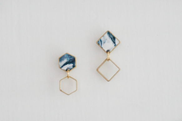 17-Hexagon and Square Marble Earring- 大海藍色正方六边形銅耳釘/手工手作耳環 第1張的照片