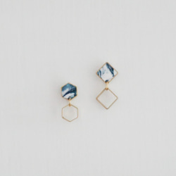 17-Hexagon and Square Marble Earring- 大海藍色正方六边形銅耳釘/手工手作耳環 第2張的照片