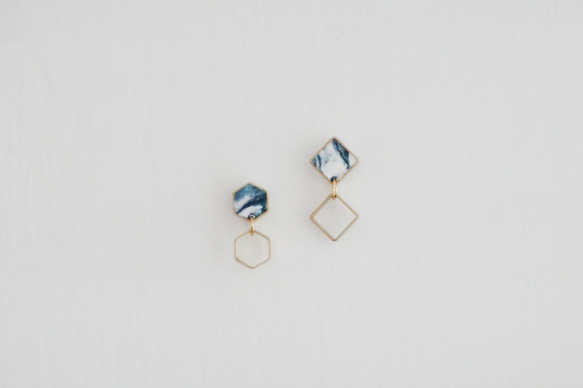 17-Hexagon and Square Marble Earring- 大海藍色正方六边形銅耳釘/手工手作耳環 第2張的照片