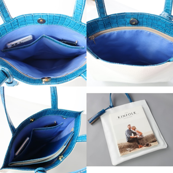スリムA4トートbag（Ｍ）☆彡ホワイト×ブルー・お色違いも対応可能です・受注制作 5枚目の画像