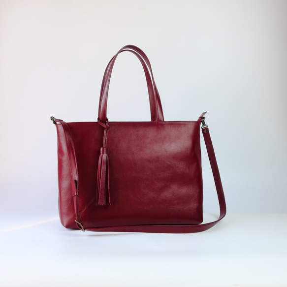 A4サイズトートbag（L）ファスナー付き・2way☆ボルドー☆彡マチ幅