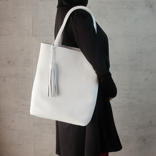 たて長トートbag☆彡シュリンクレザー・ホワイト・受注制作・お