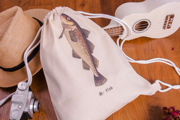 Striped Drawstring Backpack: 魚 Fish 1枚目の画像