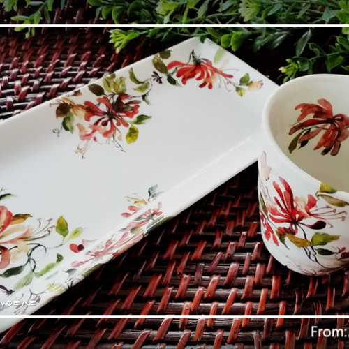 セット】スイカズラの長角皿とお湯呑み◇ポーセラーツ 長皿 salon