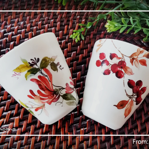 セット】スイカズラの長角皿とお湯呑み◇ポーセラーツ 長皿