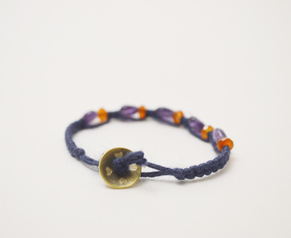 編繩系列- 藍色1‧紫水晶‧瑪瑙‧手工黃銅扣‧麻繩編織手環 第2張的照片