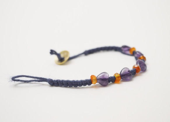 編繩系列- 藍色1‧紫水晶‧瑪瑙‧手工黃銅扣‧麻繩編織手環 第3張的照片