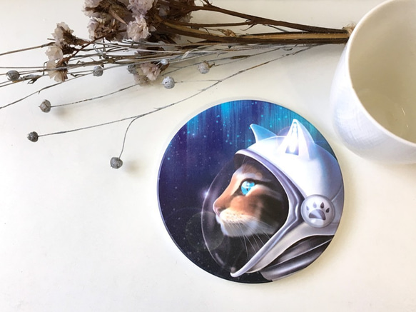 【動物插畫】陶瓷吸水杯墊《嚮往太空的貓》 第3張的照片