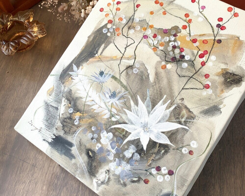 赤い実とドライフラワーの絵 【原画 キャンバス】 #絵画