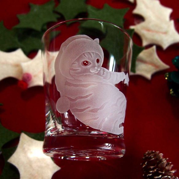 猫ロックグラス「どて～」クリスマス仕様 2枚目の画像