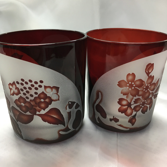 ペア猫ロックグラス「桜と紫陽花」銅赤 1枚目の画像