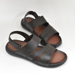 【限量特價】刺繡皮革涼鞋，露趾，可調式魔鬼氈，棕色，S001 第4張的照片