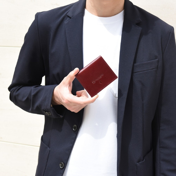栃木レザー 薄い蓋のない財布 四角い コンパクト財布 ミニ財布 二つ折り財布 ギフト 財布 ワイン JAW020 3枚目の画像