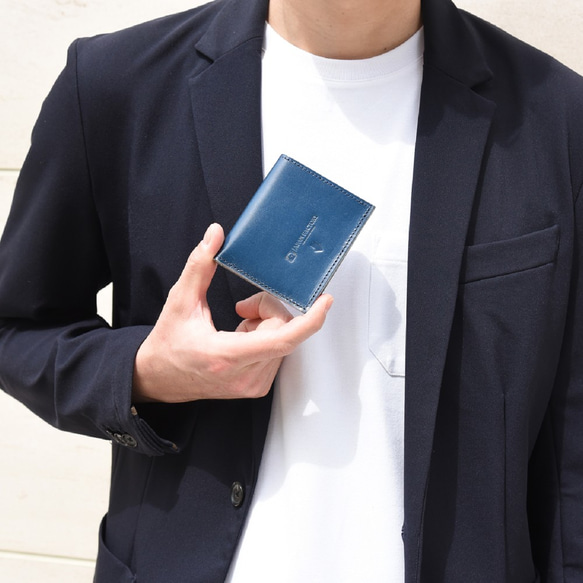 栃木レザー 薄い蓋のない財布 四角い コンパクト財布 ミニ財布 二つ折り財布 ギフト 財布 ネイビー JAW020 2枚目の画像
