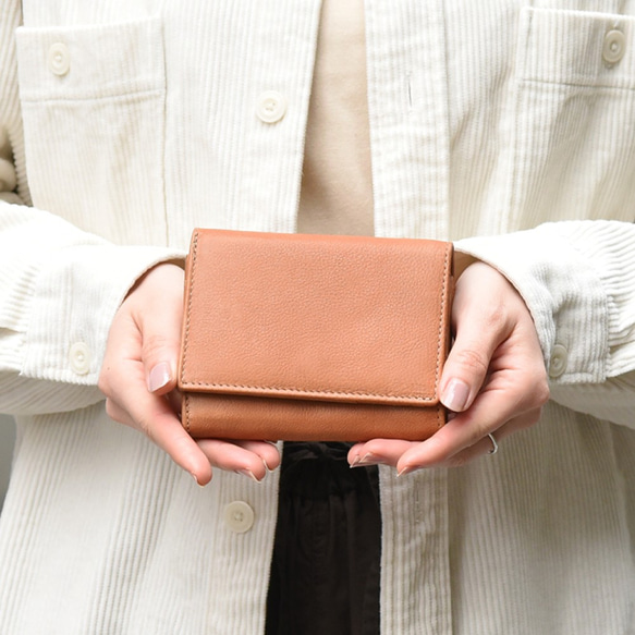 *雙折錢包，迷你錢包，緊湊型，真皮，手掌大小，禮物，粉米色，HAW006-MO 第1張的照片