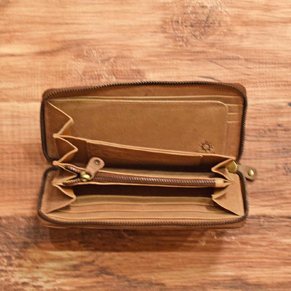 可刻印名稱  皮革全開式拉鍊長夾  焦糖色  牛皮  真皮 大容量 第3張的照片