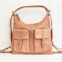 背包包袋鞣革 A4 筆記本 2WAY 包 L 號粉紅米色 HAB008 第4張的照片