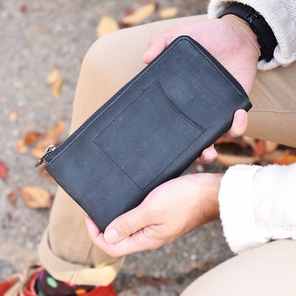 【残り3個】IDケース付き！ オールレザーで仕上げた L字ファスナー長財布 本革 ブラック