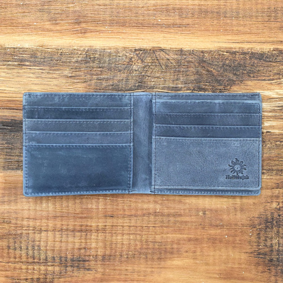 二つ折り財布 ハーフウォレット コンパクト 本革 薄い 手のひらサイズ スリム ギフト 名入れ ネイビー HAW018 2枚目の画像
