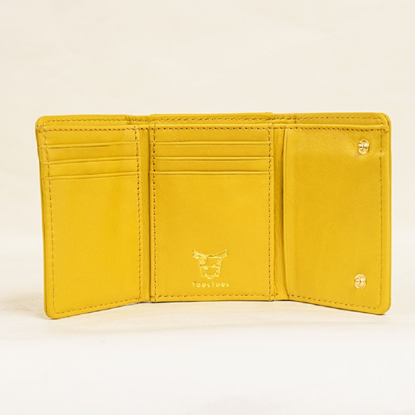 手掌大小的三折緊湊型錢包，適合您的手掌大小，10 個存儲位置，真皮，黃色 TOW001 第2張的照片
