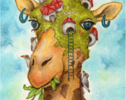 キリン居住区』（キリンと鳥のパステル画） 絵画 D.アラキ 通販