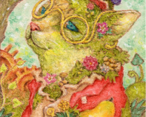 太古の森の植物学者』（癒しの緑。猫のパステル画） 絵画 D.アラキ