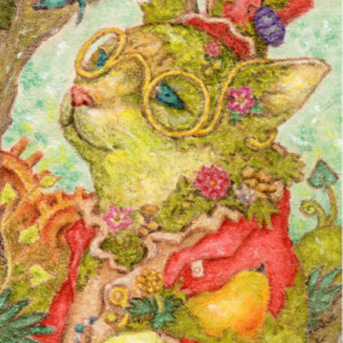 太古の森の植物学者』（癒しの緑。猫のパステル画） 絵画 D.アラキ